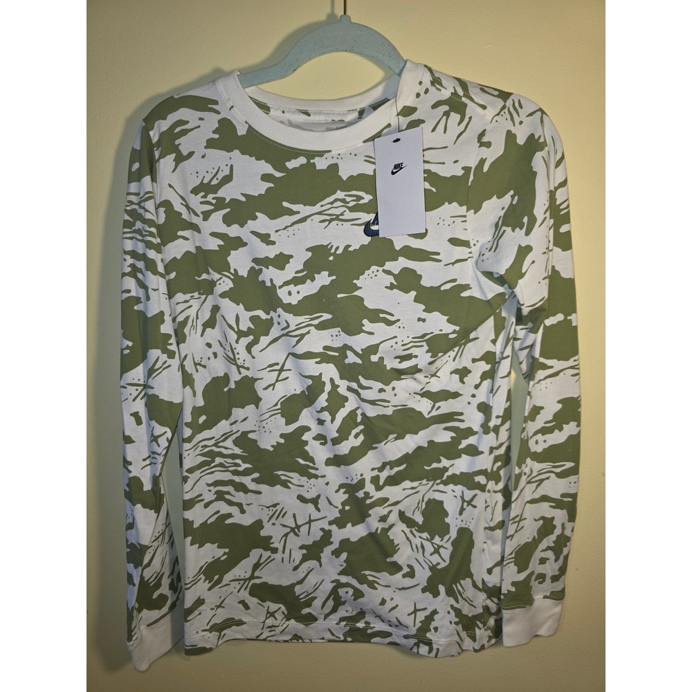 Nike Boys Camo Long Sleeve T-Shirt Olive Green White DR9651-100 XL